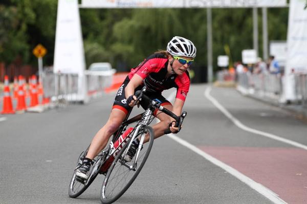 Reta Trotman takes a corner in today's criterium